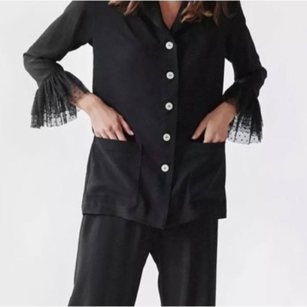 SLEEPER PARTY PAJAMA TOP TULLE TRIM BLACK BUTTON DOWN LARGE - Picture 2 of 4